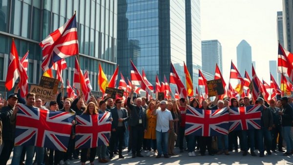 Samsung union protest with flags and city backdrop