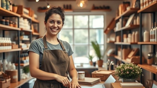 Woman in apron setting up workspace when a side hustle becomes real business.