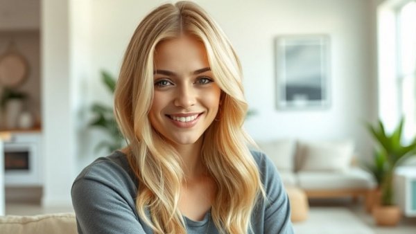 Blonde woman in modern home design interior with soft lighting.