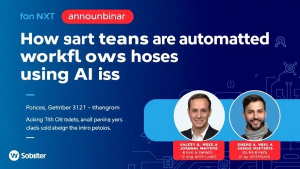 Webinar poster on automating workflows with AI featuring two speakers.