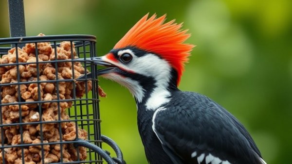 Pileated Woodpecker feeding on suet cage, outdoor Florida activity.