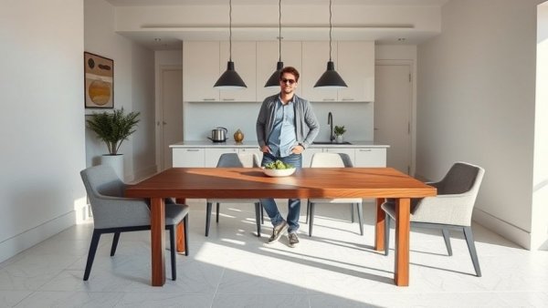 Modern home design with a playful twist featuring sleek wooden table.