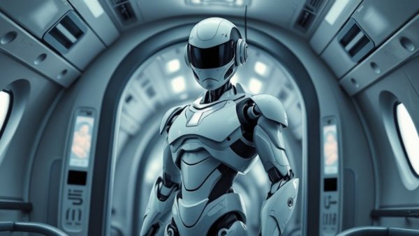 Futuristic humanoid robot in airplane doorway, latest AI news 2025.
