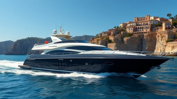 Luxury yacht cruising near scenic coastal cliffs and historic building.