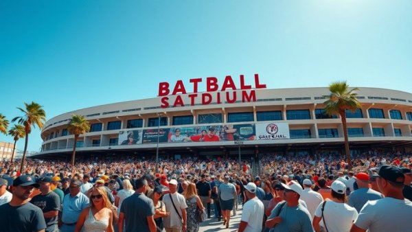 Baseball fans gathering at stadium entrance under sunny sky.