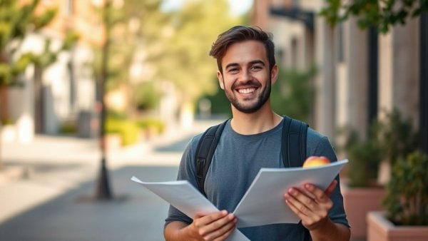 Young man holding documents and an apple, symbolizing proactive health planning.