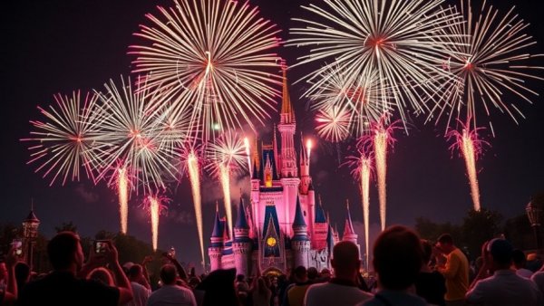 Spectacular fireworks over a castle for America 250th anniversary.