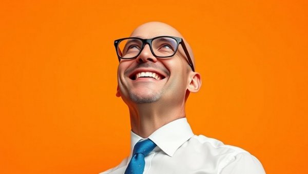 AI and authenticity in business theme with cheerful man and logo.