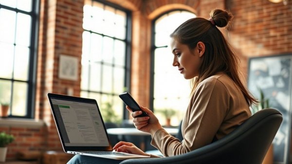 Entrepreneur with smartphone and laptop in sunlit brick office.