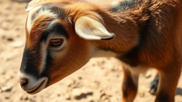 Young goat outdoors, close-up with soft fur, sunny setting.