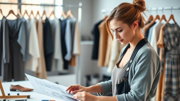 Female designer working in studio with clothing racks and sketches, focused.