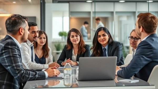 Business team discussing performance reviews in a modern office.