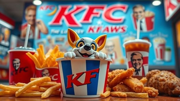 KFC collectible Krypto bucket with dog figurine and food items.