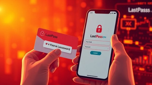 Stylized illustration of LastPass login and password card interaction.