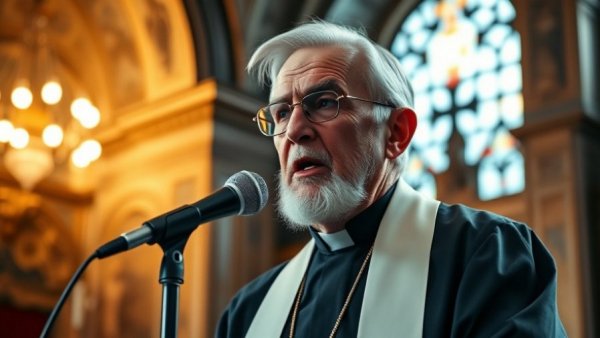 Elderly man in religious attire speaking into a microphone.