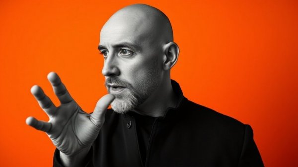 Portrait of a bald man gesturing in front of 'seths.blog', orange background.