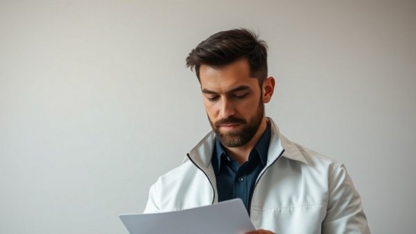 Man in a white jacket reading notes, soft indoor lighting.