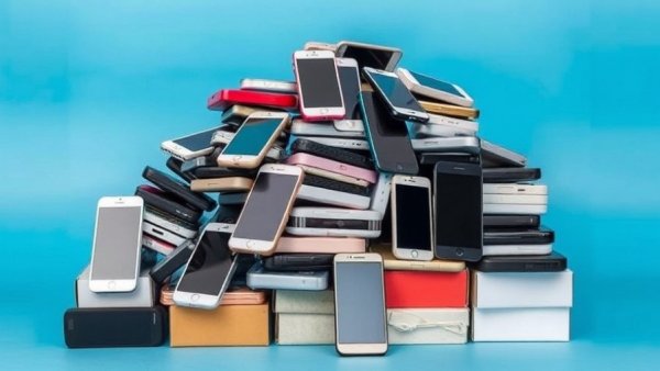 Collection of older smartphones stacked on boxes, symbolizing increased trade-in value.
