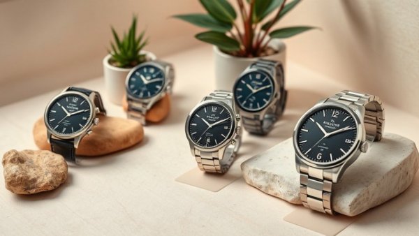 Stylish wristwatches displayed with natural stones and plant.