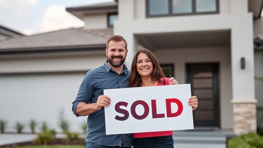 Happy Orlando home sellers celebrate with a SOLD sign in front of their contemporary home.
