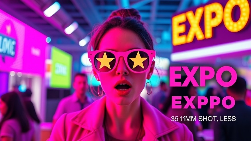 Surprised woman in pink sunglasses promoting family events in Florida with colorful expo banner.