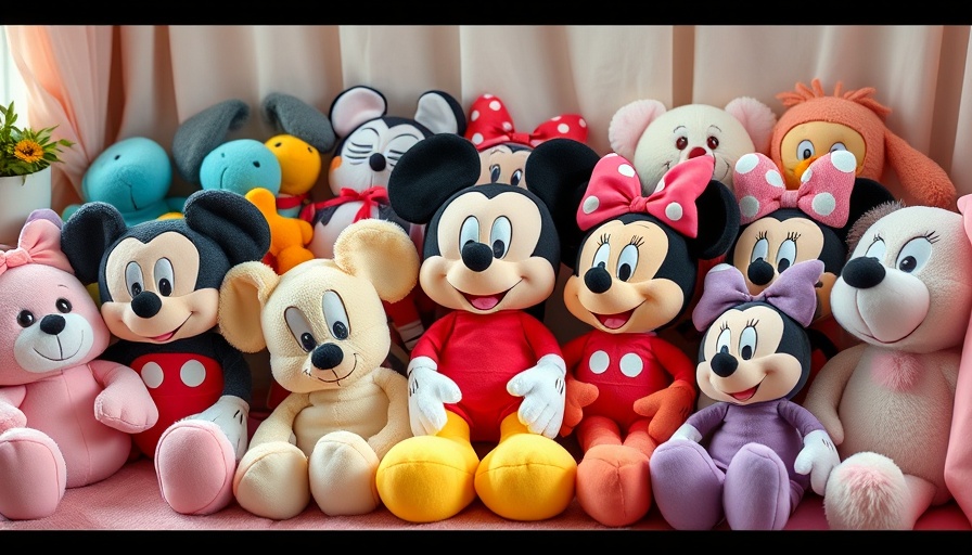 Disney plush collection arranged in a pastel-themed room.