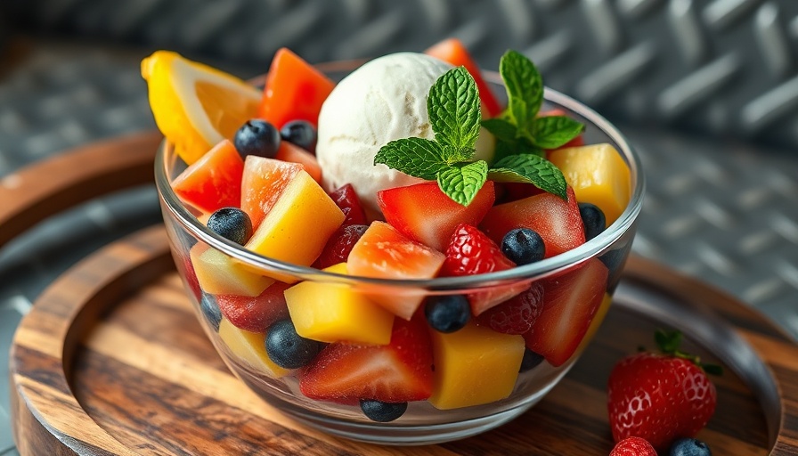 Colorful fruit dessert at Orlando Mills Market on a wooden tray.