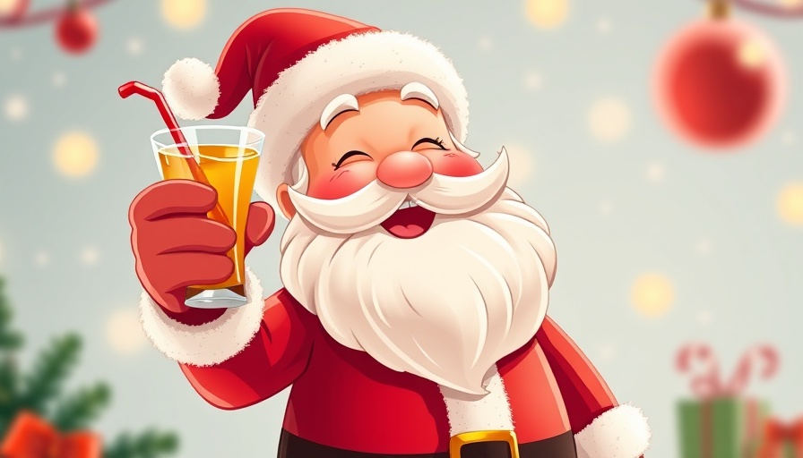 Santa with cocktail and bright accessories, Holiday Cocktail Personality Quiz.