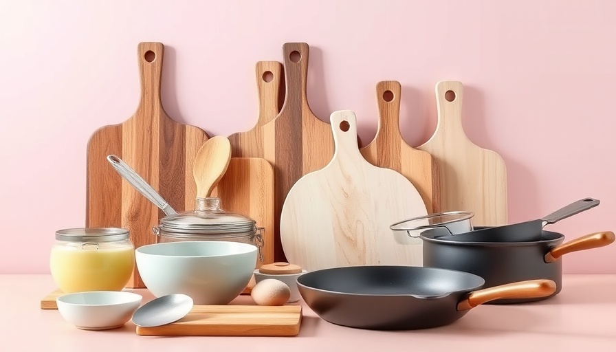 Essential kitchen tools for meal kits including cutting boards and pans.