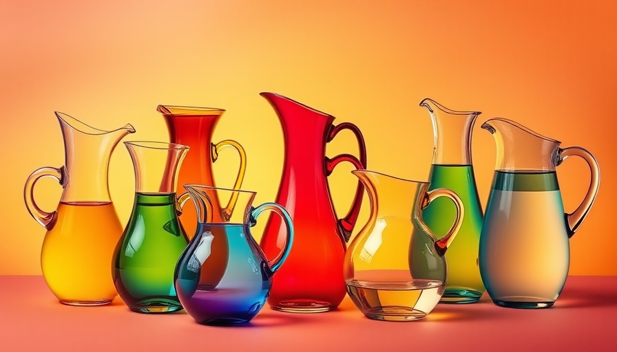 Assorted cool water pitchers for entertaining on colorful background.