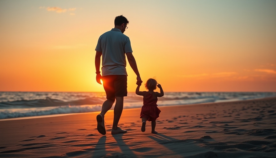 Silhouetted man and child walking on beach at sunset, benefits of massage therapy for men.