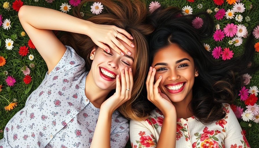 Joyful women smiling on grass with wildflowers.