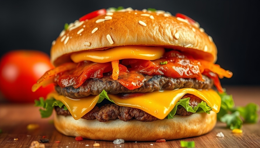 Close-up of delicious smash burger on a red plate.