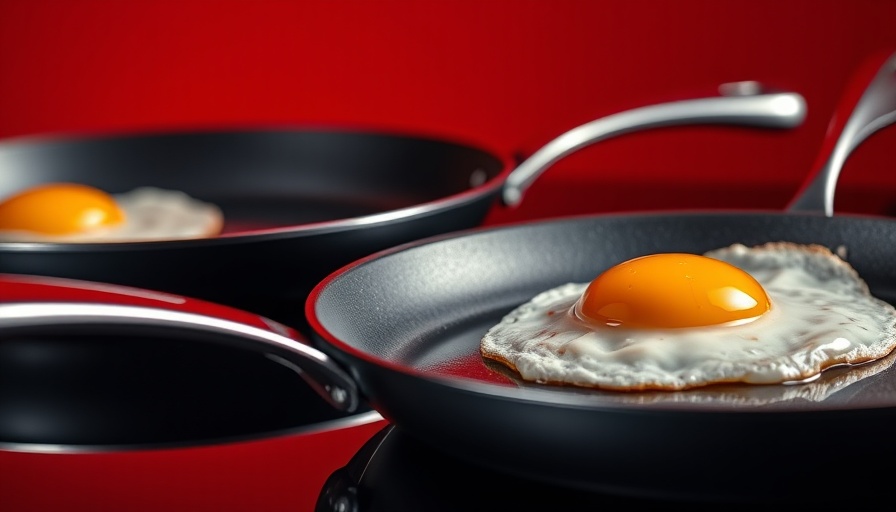 Best Nonstick Pans 2025 with a fried egg on a glossy surface, vibrant red background.