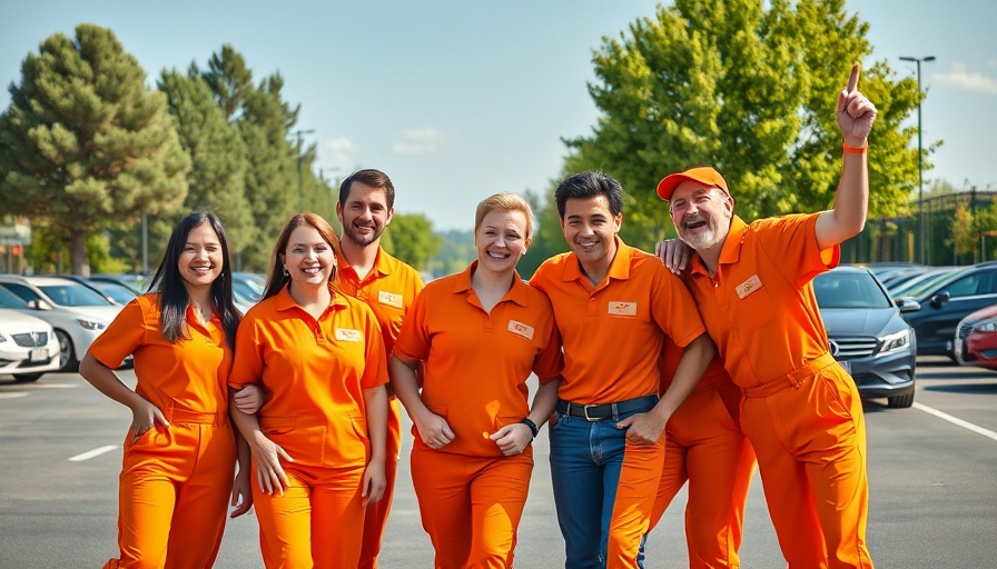 Cheerful park staff in bright uniforms smiling in parking lot.