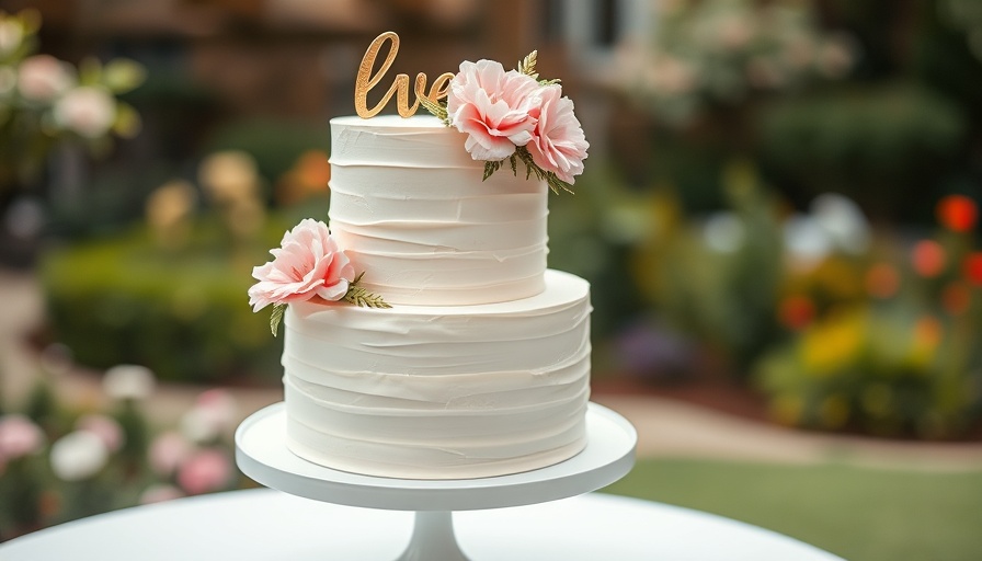 Elegant wedding cake with pink flowers in Central Florida garden.