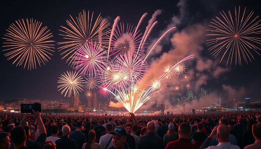 Orlando events featuring vibrant fireworks display, city skyline in background.