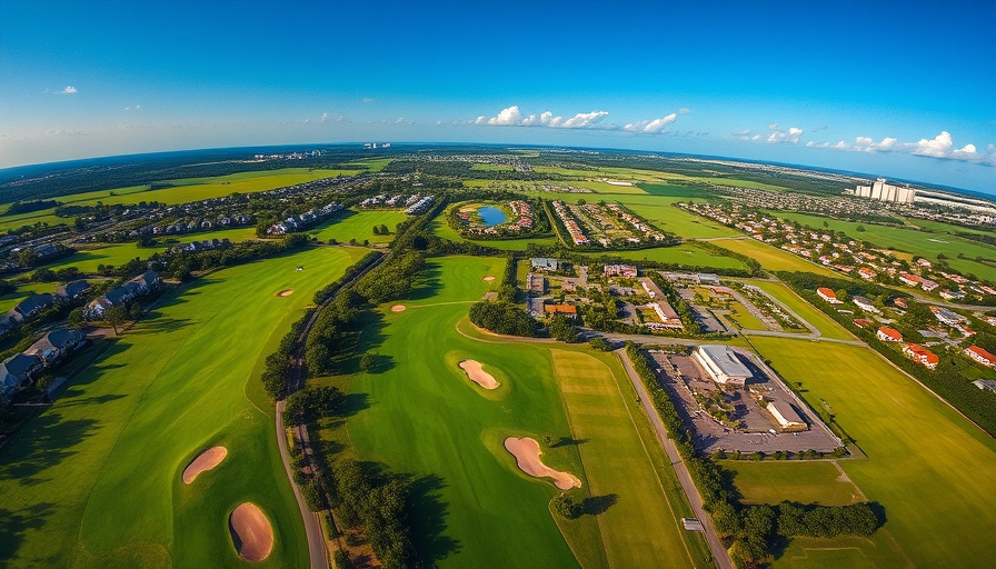 Aerial view of an Orlando golf course with events announcement.