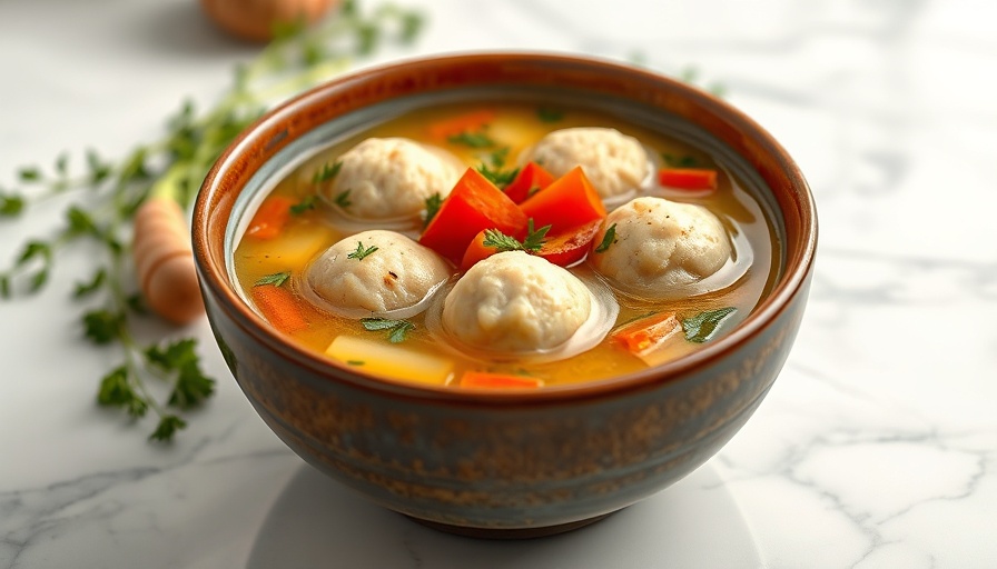 Matzo ball soup recipe in a bowl with herbs on marble.