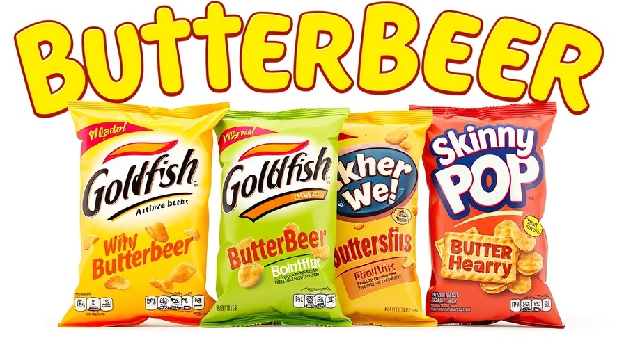 Assorted Butterbeer snacks packaging featuring Goldfish, Skinny Pop, and Kisses.