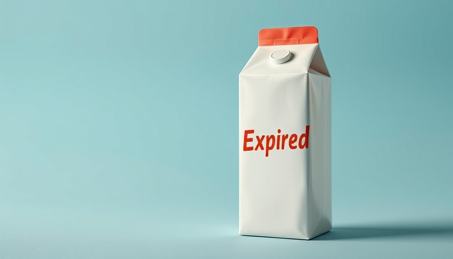 Expired milk carton with bold label, gradient background.