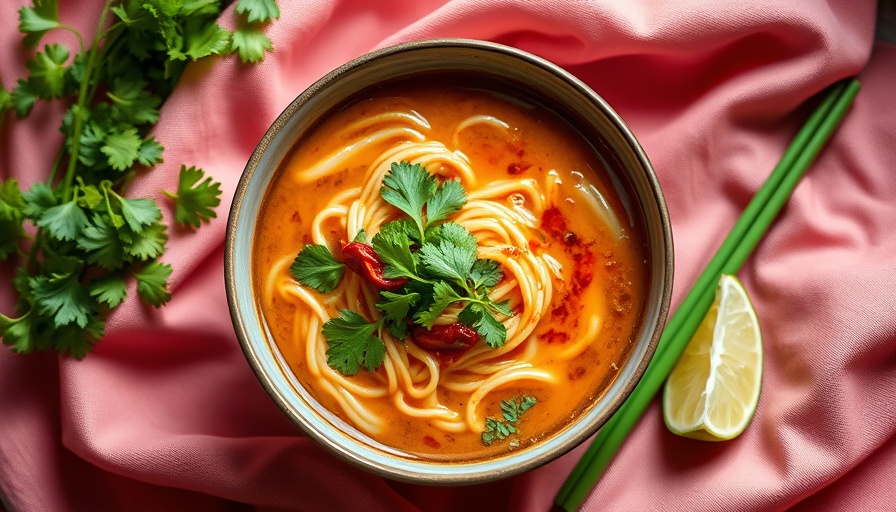 Vibrant noodle soup recipe with garnishes and lime wedges.