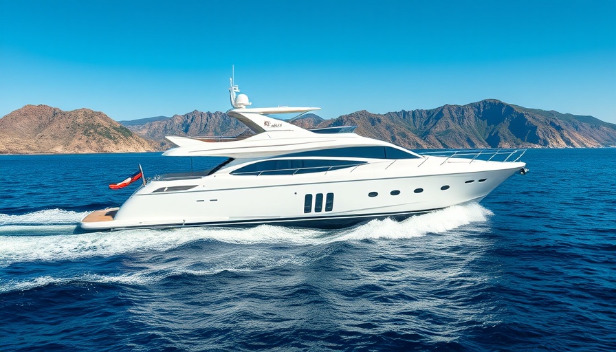 Luxury yacht gliding on a clear sea with mountain backdrop.