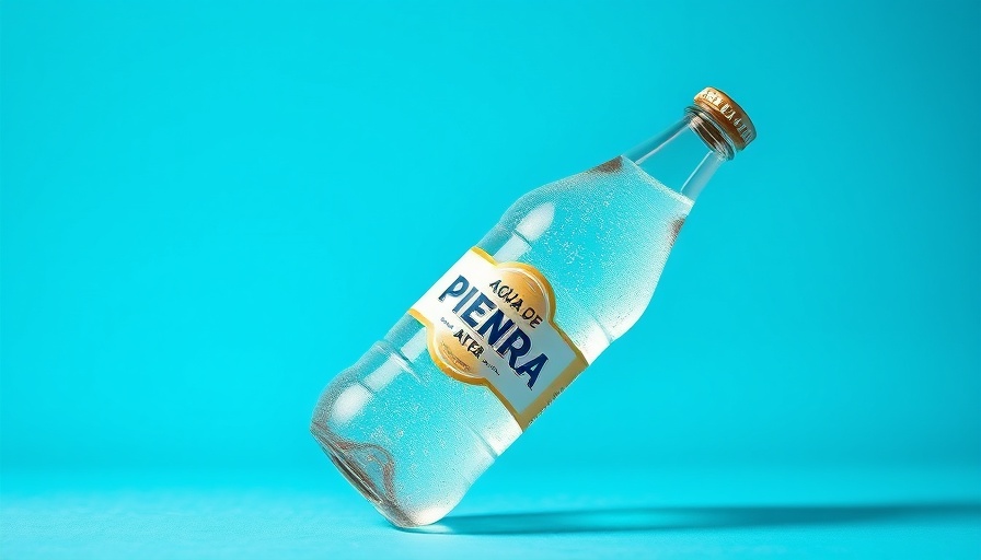 Agua de Piedra sparkling water bottle on aqua background.