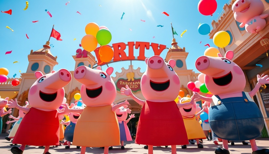 Peppa Pig theme park celebration with characters and balloons.