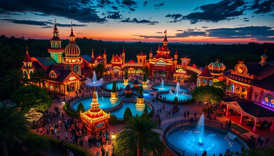 Fantasy theme park with green domes and water features at dusk.