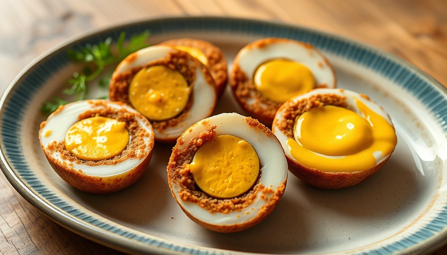 Scotch Eggs Recipe: sliced eggs with mustard on platter.