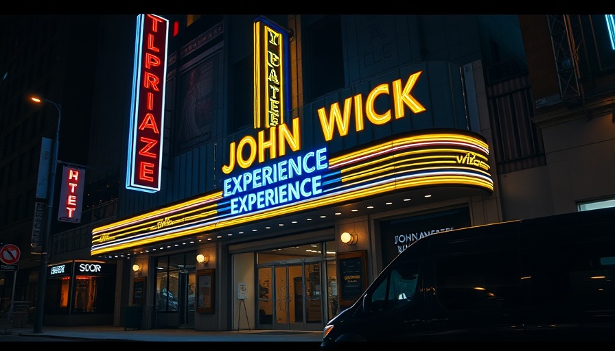 Vivid neon lights of John Wick Experience in Las Vegas at night.