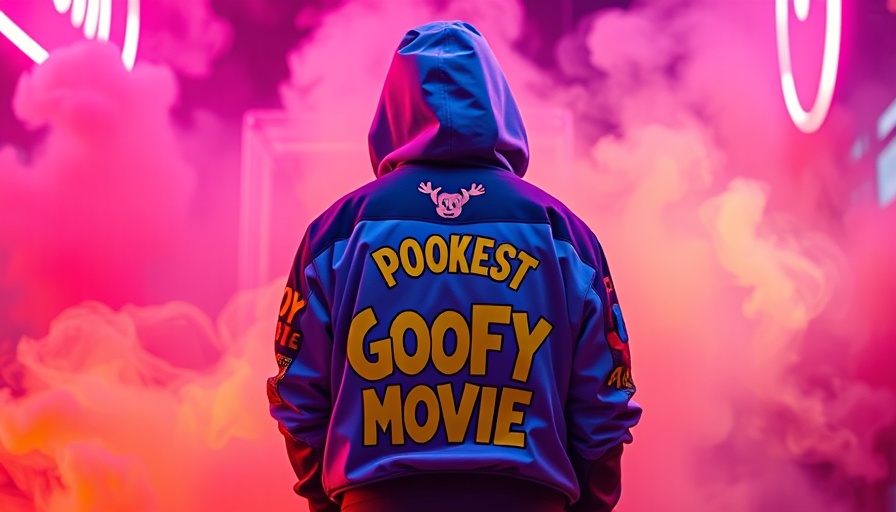A Goofy Movie merchandise featuring a jacket and backpack in neon light.