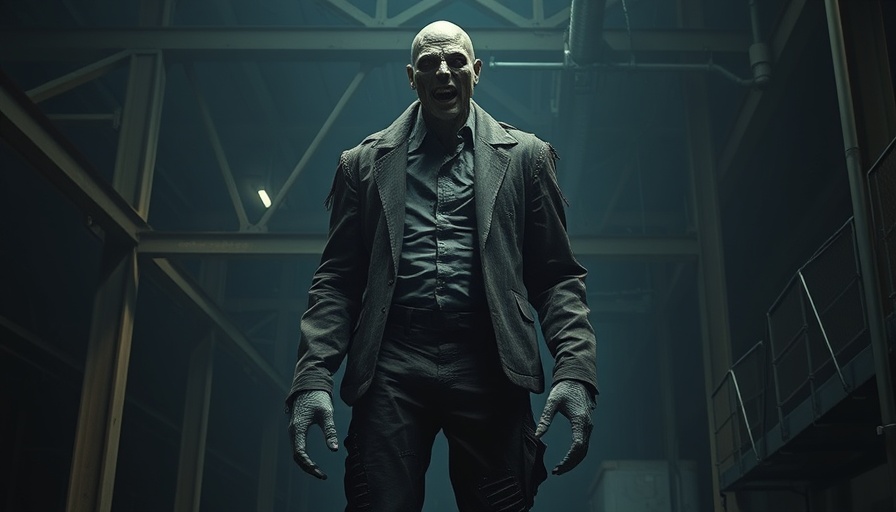Eerie monster resembling Universal Monsters in shadowy setting.